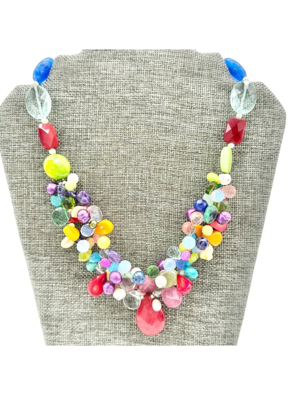 Multicolor Beaded Statement Necklace Unique Gemstone Accents S Hook Clasp 16-19
